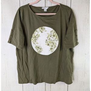 Liz Claiborne Size XXL Womens Boat Neck Short‎ Sleeve Green Screen Print Shirt